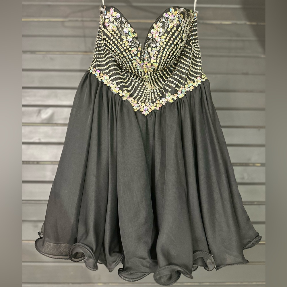 Poly USA black short formal dress with corset back and rhinestone/sequin top